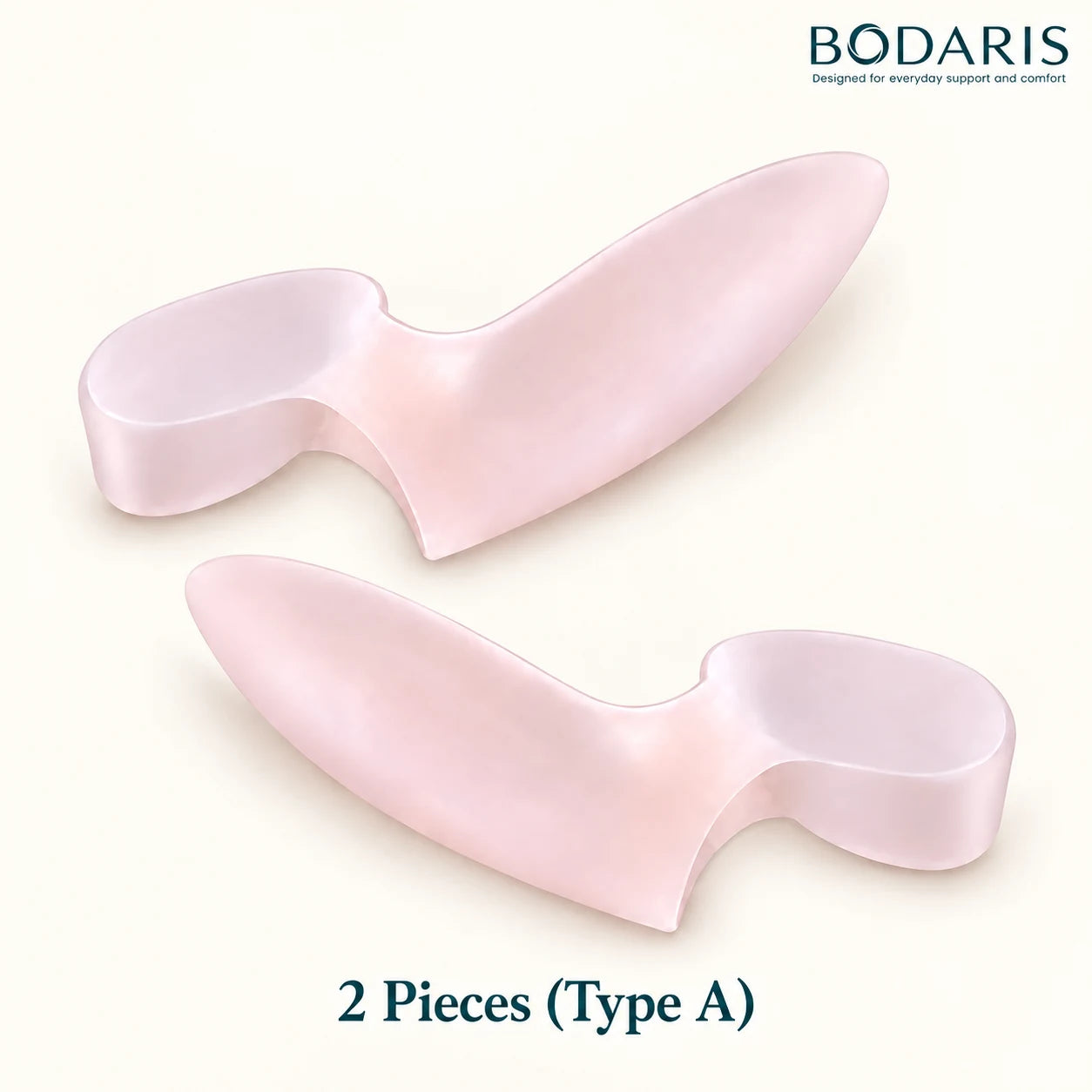 BODARIS Type A Single-Toe Support Pair, two pieces on an Ivory background